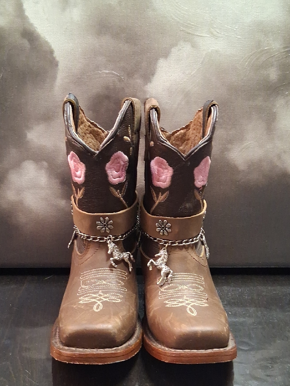 Kids Brown Western Embroidered Cowboy Boots with Pink Flower Accents